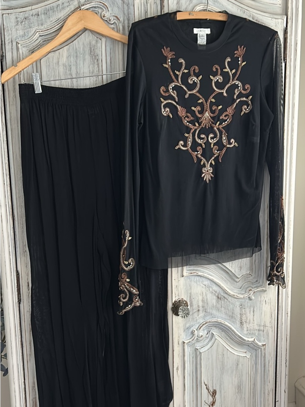 Embroidered Black mesh top with wide leg sheer pants ensemble